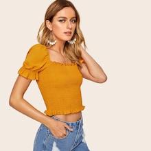 Romwe Shirred Puff Sleeve Blouse