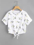 Romwe Floral Print Knot Front Tee