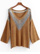 Romwe Khaki Long Sleeve Hollow Knit Loose Sweater