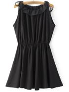 Romwe Black Shoulder Self-tie Bow Elastic Waist Skater Dress