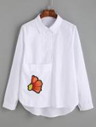 Romwe White Flower Embroidered Pocket Blouse