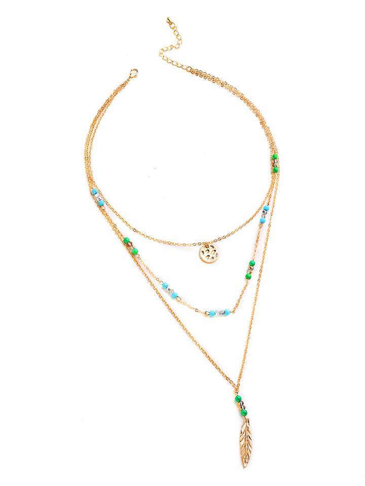 Romwe Handmade Beaded Design Feather Pendant Layered Necklace
