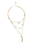 Romwe Handmade Beaded Design Feather Pendant Layered Necklace