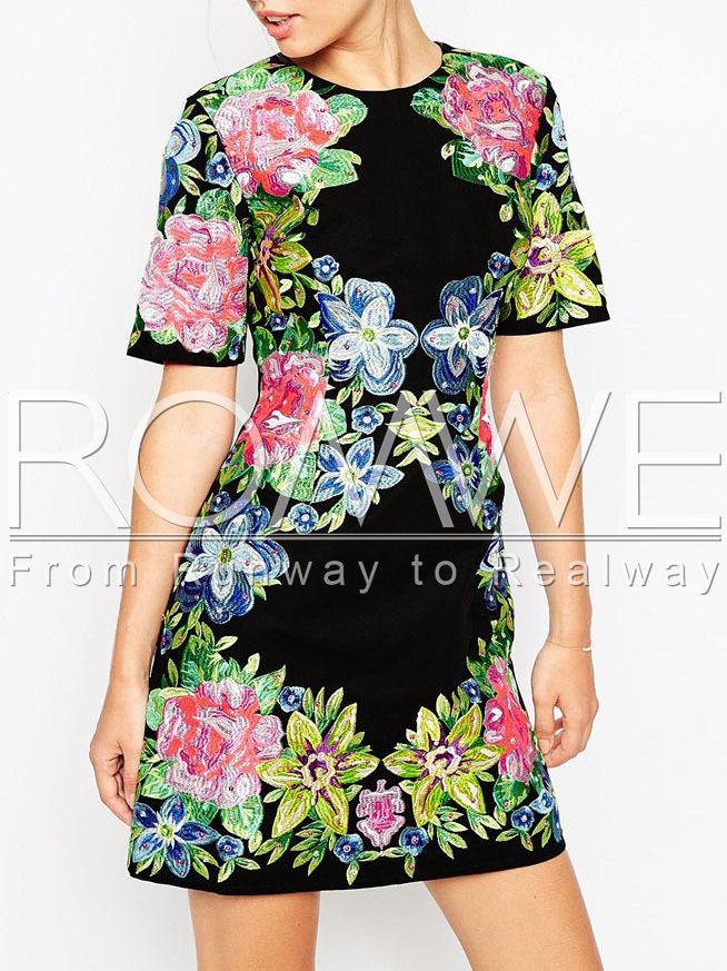 Romwe Black Short Sleeve Floral Dress