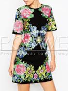 Romwe Black Short Sleeve Floral Dress