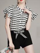Romwe White Black Striped Ruffle Belted Top With Shorts