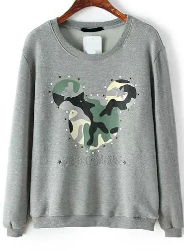 Romwe Grey Long Sleeve Mickey Print Bead Sweatshirt