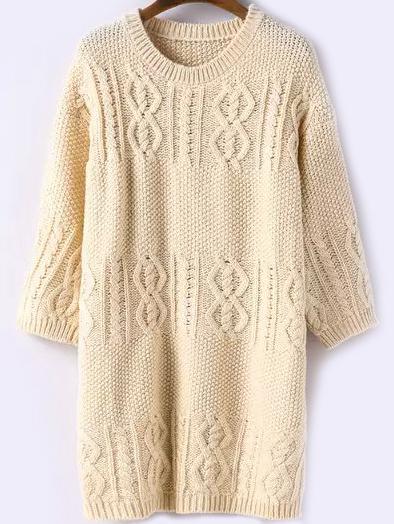 Romwe Cable Knit Split Side Long Beige Sweater