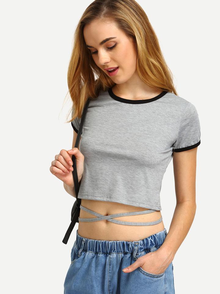 Romwe Grey Contrast Trim Strappy Cross Crop T-shirt