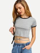 Romwe Grey Contrast Trim Strappy Cross Crop T-shirt