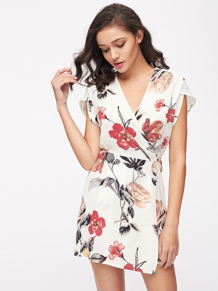 Romwe Random Florals Petal Sleeve Wrap Dress