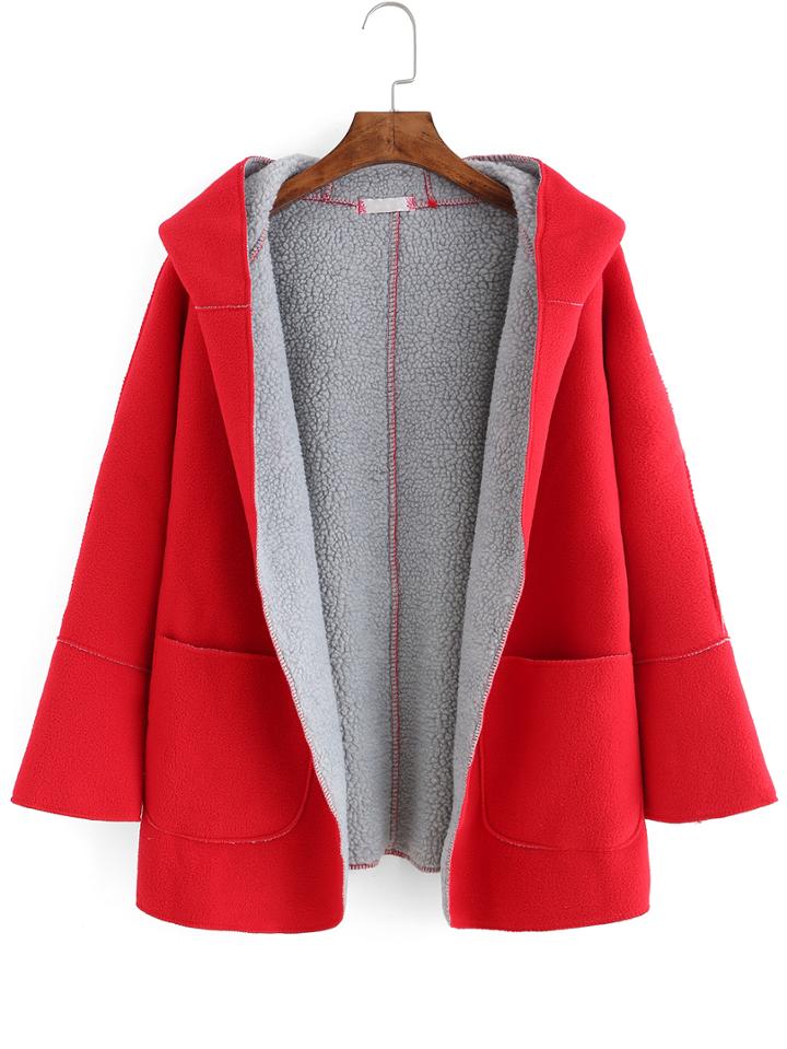 Romwe Hooded Loose Red Coat With Pockets