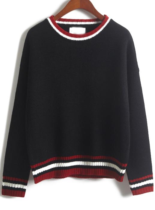Romwe Striped Trim Black Knit Sweater