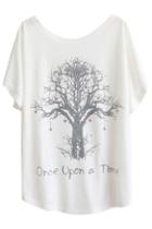 Romwe Batwing Sleeves Wishing Tree Print White T-shirt