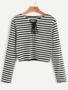 Romwe Contrast Striped Lace Up Crop T-shirt