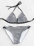 Romwe Striped Print Ladder Cutout Triangle Bikini Set