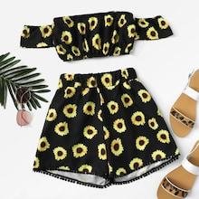 Romwe Sunflower Print Crop Bardot Top With Shorts