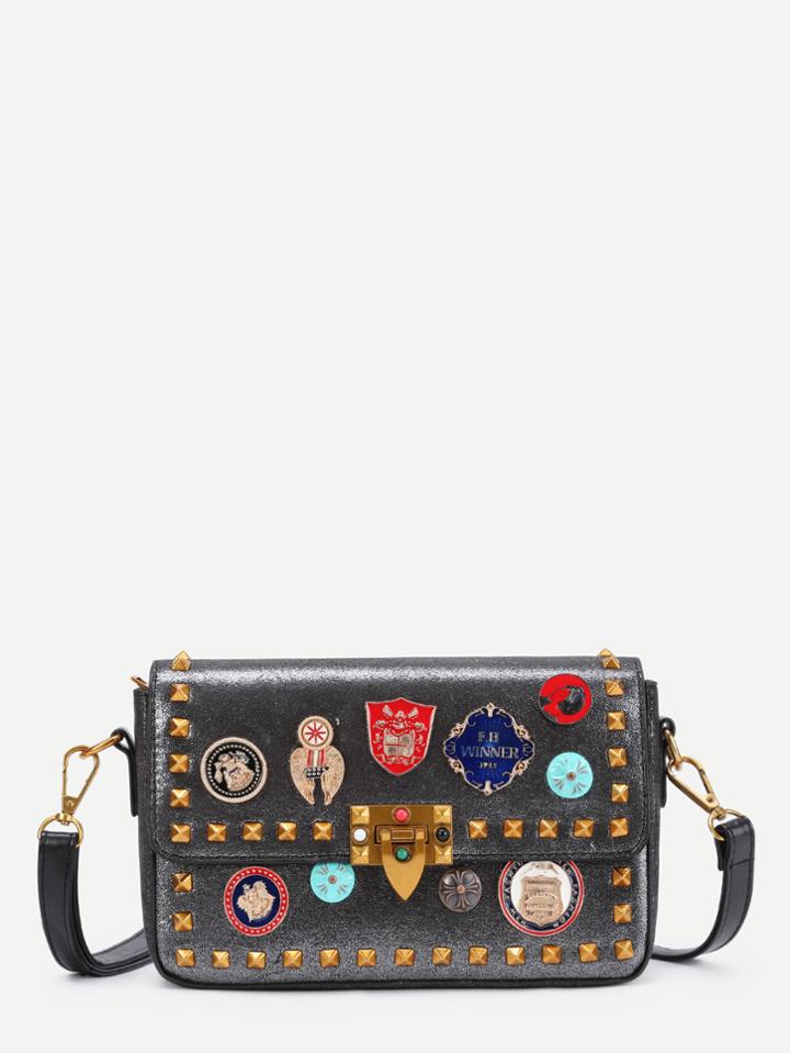 Romwe Patch & Studded Detail Pu Shoulder Bag