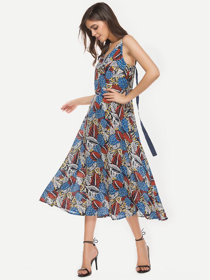 Romwe Allover Leaves Print Ribbon Detail Swing Dress