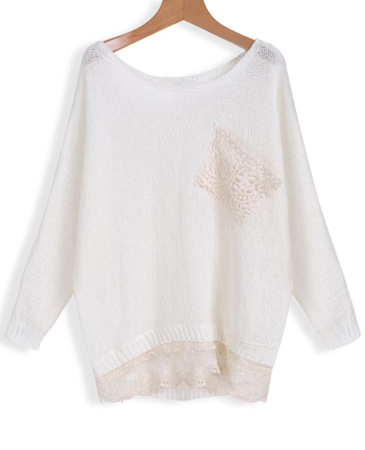 Romwe With Lace Dip Hem White Sweater