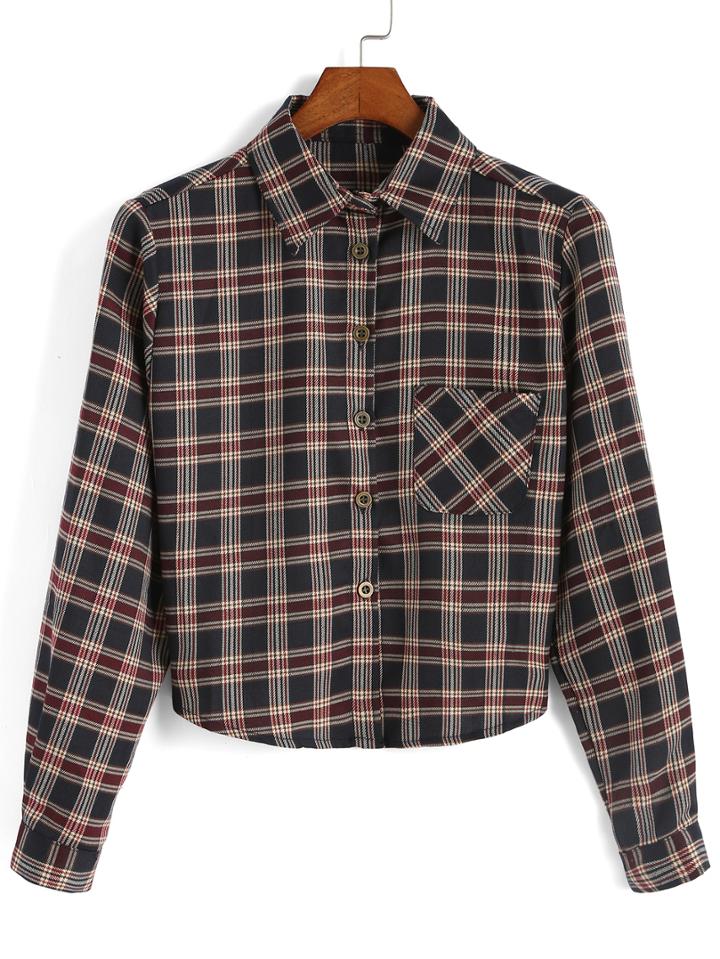 Romwe Checkered Pocket Burgundy Blouse