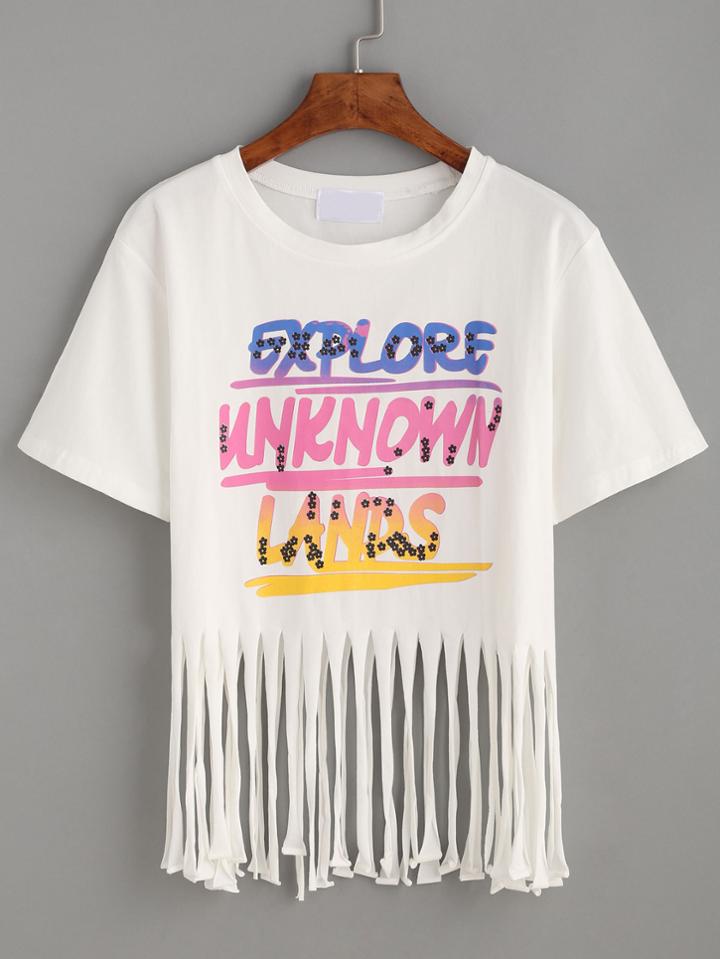 Romwe White Letter Print Fringe Hemline T-shirt