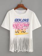 Romwe White Letter Print Fringe Hemline T-shirt