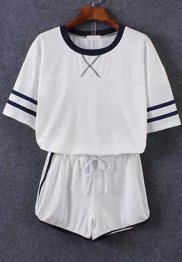 Romwe Short Sleeve Striped Top With Drawstring White Shorts