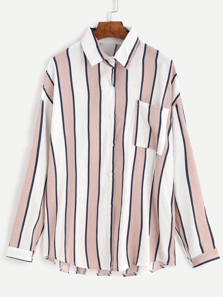 Romwe Pink Vertical Striped Pocket Front Blouse