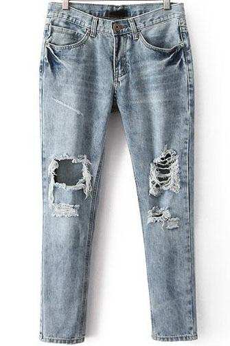 Romwe Pockets Ripped Denim Pant