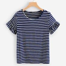 Romwe Ruffle Sleeve Striped Tee