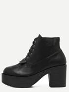Romwe Black Lace Up Round Toe Pu Platform Ankle Boots