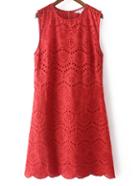 Romwe Red Sleeveless Zipper Keyhole Back Embroidery Dress
