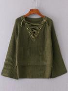 Romwe Army Green Lace Up V Neck High Low Sweater
