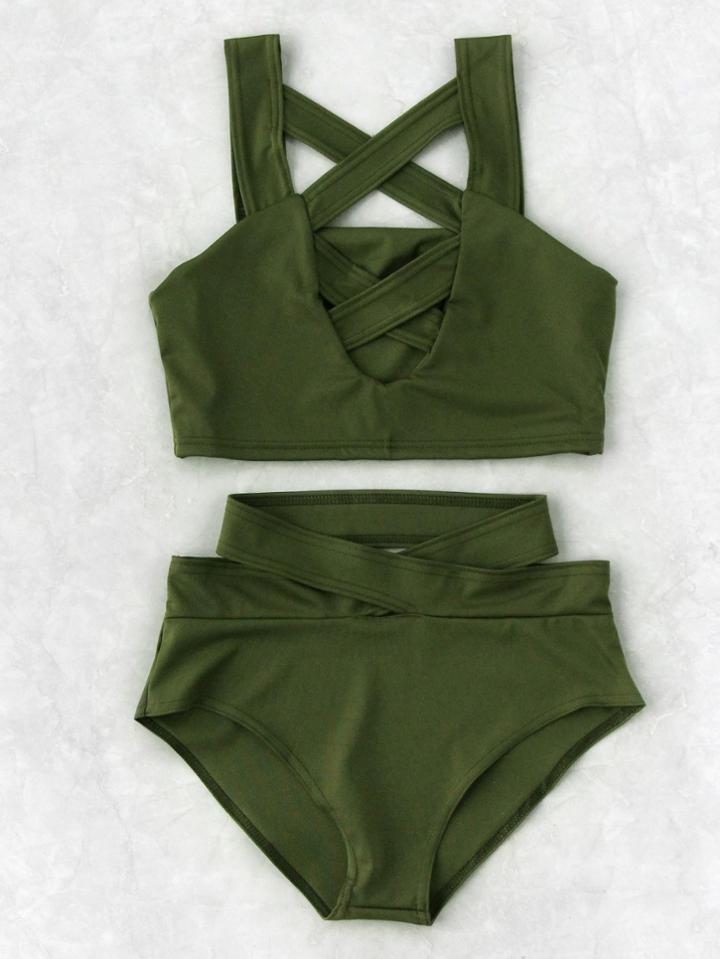 Romwe Criss Cross Cut Front High Waist Bikini Set