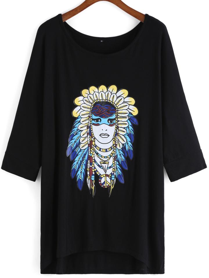 Romwe Bat Sleeve Dip Hem Tribal Print T-shirt