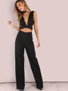 Romwe Backless Plunging V Choker Neck Cutout Midriff Wide Leg Jumpsuit