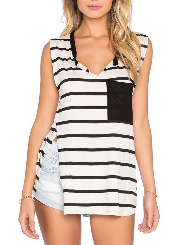Romwe V Neck Stripped Contrast Pocket Assymetrical T-shirt
