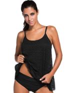 Romwe Black Hollow Out Spaghetti Strap Asymmetrical Tankini Set