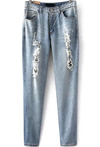 Romwe Bleached Ripped Slim Denim Pant