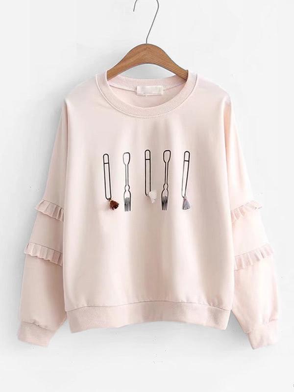 Romwe Tassel Detail Frill Sleeve Sweatshirt