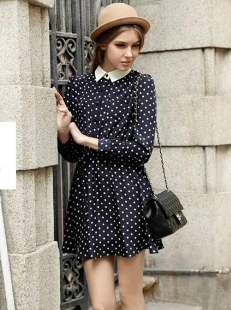 Romwe Contrast Collar Polka Dot Pleated Dress