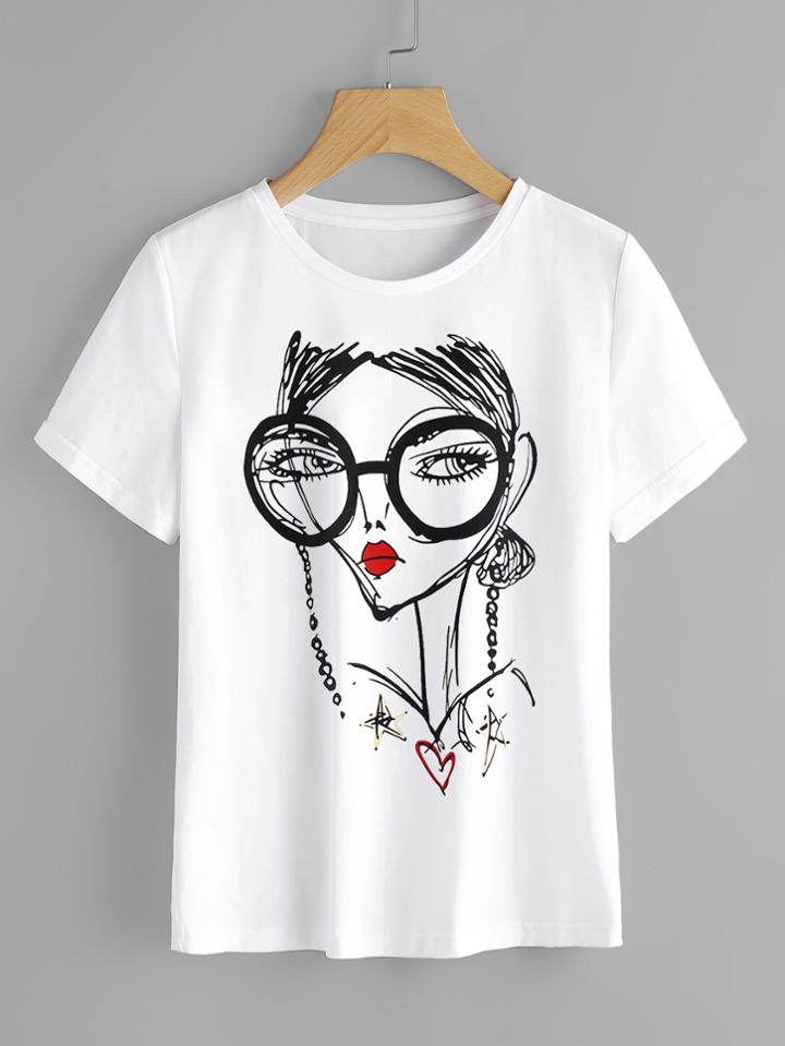 Romwe Cartoon Portrait Print Tee