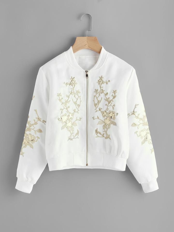 Romwe Flower Embroidered Sequin Detail Ribbed Trim Jacket