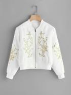 Romwe Flower Embroidered Sequin Detail Ribbed Trim Jacket