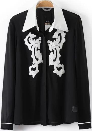Romwe Contrast Collar With Buttons Patch Blouse
