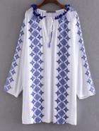 Romwe Blue And White Porcelain Embroidery Tie Neck Dress