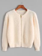 Romwe Beige Zip Up Fuzzy Crop Sweater Coat