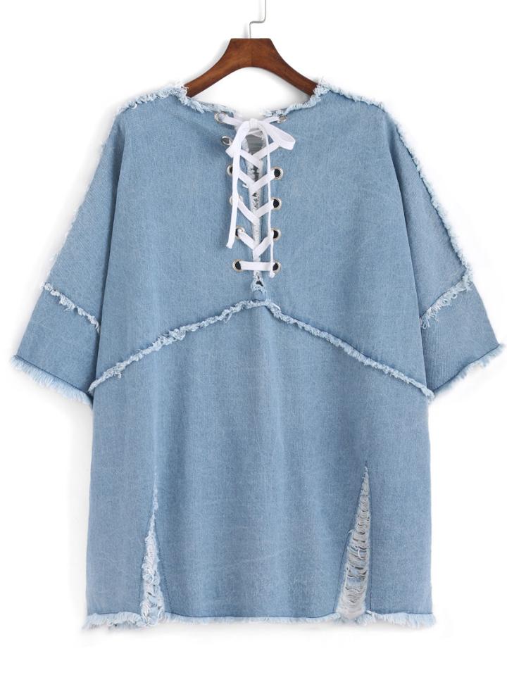 Romwe Fringe Ripped Bandage Loose Blouse