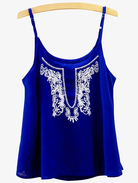 Romwe Blue Embroidered Cami Top